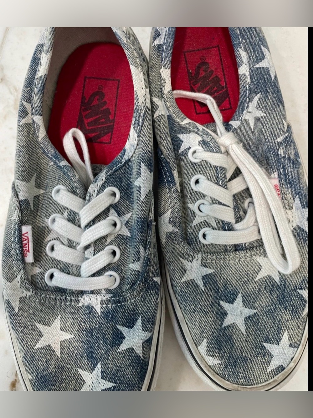 Vans Star-Print Denim Low-Top Sneakers in Blue and White with Red Insole